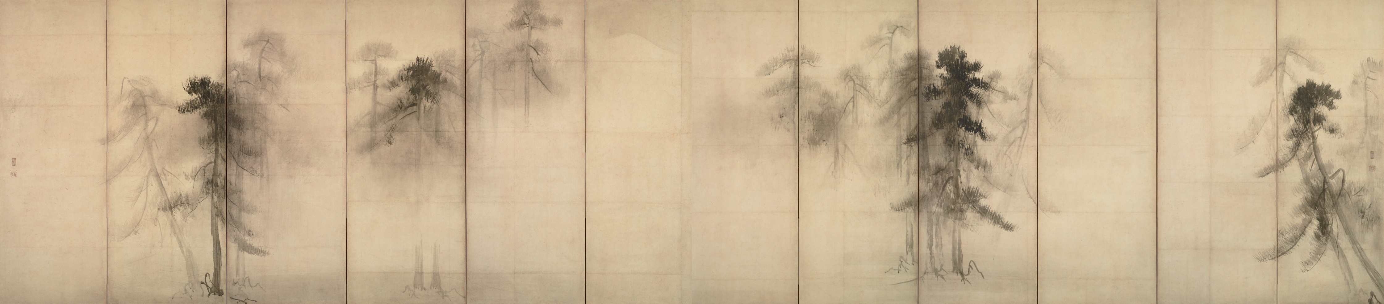 Hasegawa Tōhaku's complete Pine Trees pair, with misty pines rendered in ink across twelve folding panels.