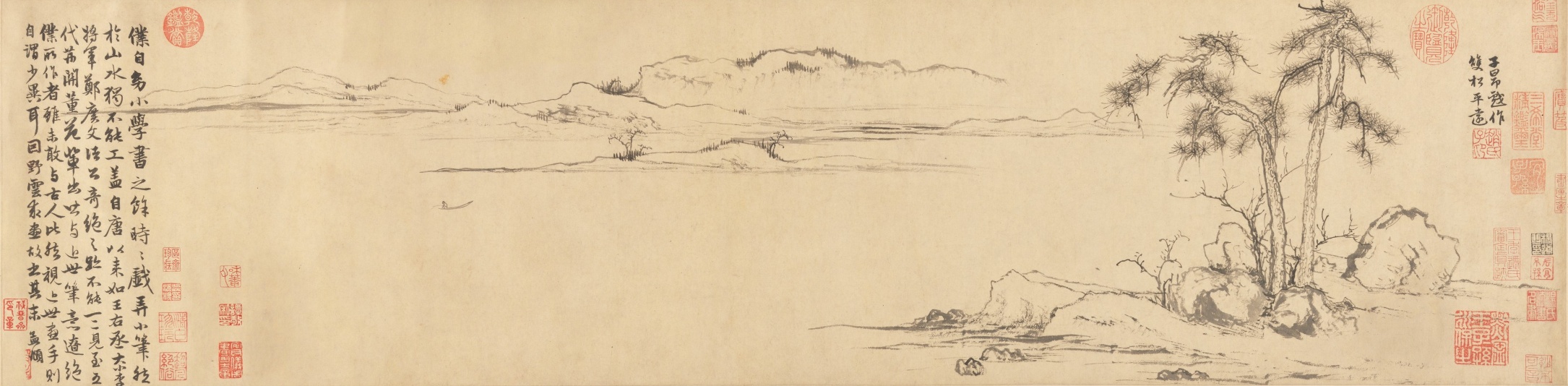 Zhao Mengfu's Twin Pines, Level Distance, a handscroll of pines, rocks, water, distant mountains, calligraphy, and seals.