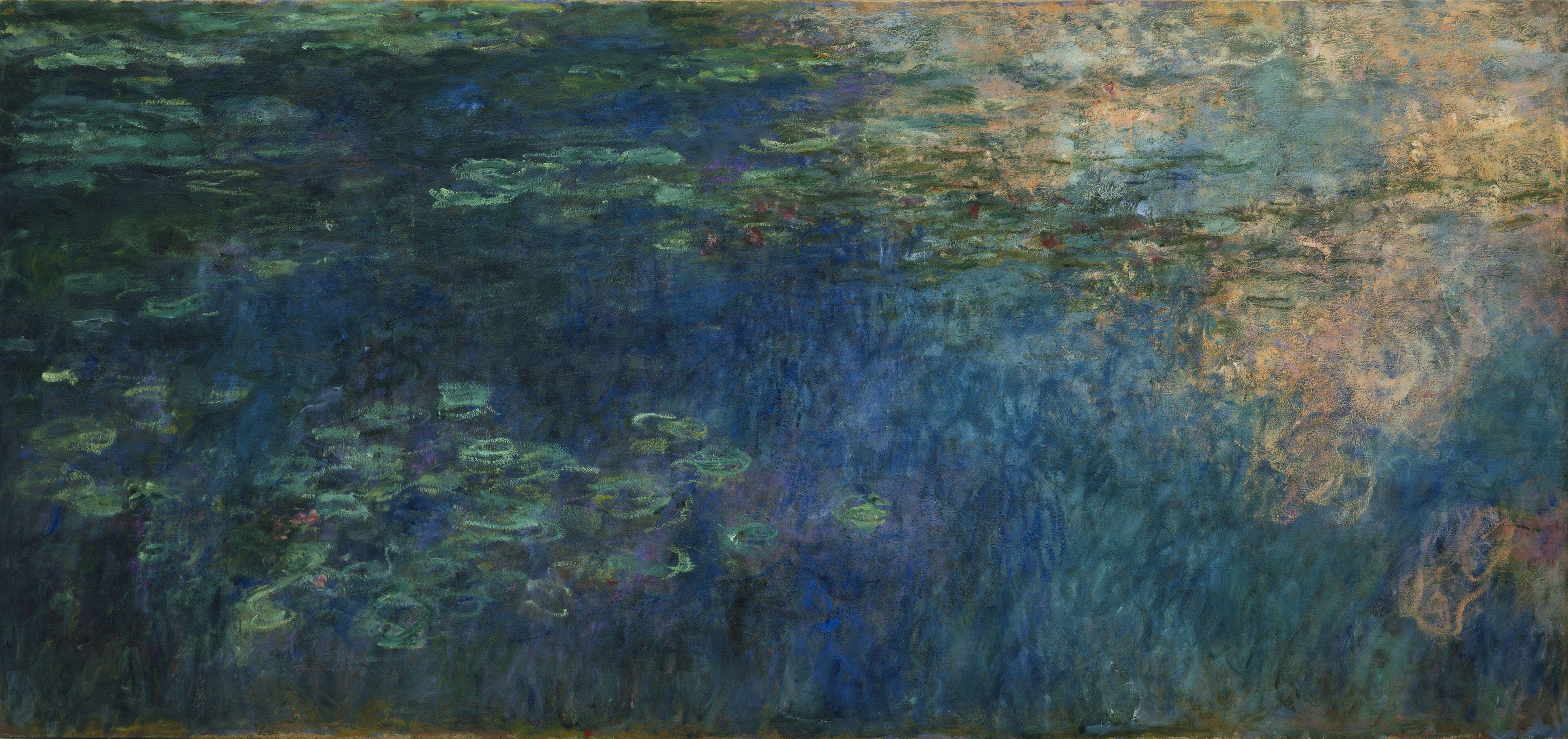 Claude Monet's Water Lilies, with deep blue-green water shifting into pale gold and blue reflections.